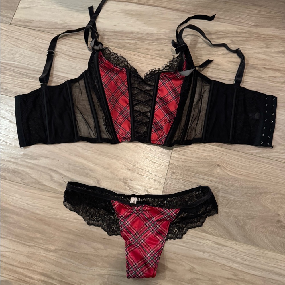 Victoria's Secret Black and Red Plaid Lace Bra Set